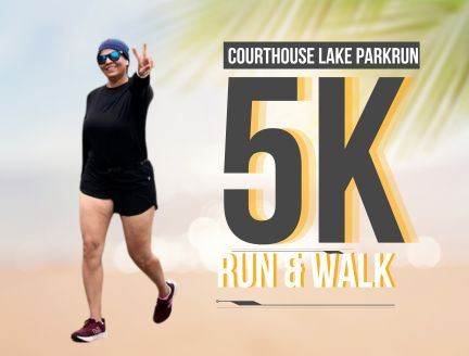 Courthouse Park Run graphic runner in short sleeves and shorts crossing the finish line