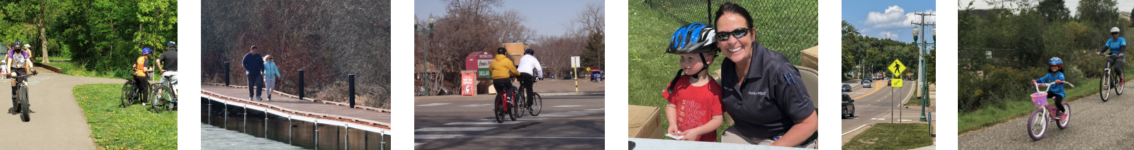 Person biking, couple walking, people biking on street, kid with bike helmet, street sign, biking